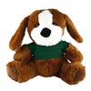 A brown plush dog with floppy ears, wearing a green shirt, seated with an adorable expression.