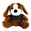 A brown plush dog wearing a black shirt, featuring soft fur and floppy ears, sits upright with a friendly expression.
