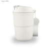 A creamy white double wall coffee mug with a lid and a strap. The mug features a branding logo.