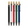A collection of five metal pens in black, white, red, green, and blue, each with a bamboo accent and clip.