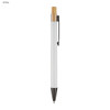 A white metal pen featuring a bamboo top and a black clip. The pen has a sleek, modern design.