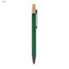 A green metal pen with a wooden clip and silver accents. The pen features a branding logo.