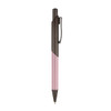 A metal pen with a pink barrel and a black clip, featuring a sleek design and a logo.