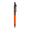 A metal pen featuring an orange body and a dark clip, with a branding logo on the side.