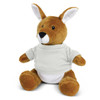 A brown kangaroo plush toy wearing a white shirt, sitting upright with large ears and a friendly expression.