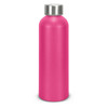 A drink bottle in vibrant pink with a stainless steel cap. It features a logo on the surface.
