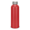 A drink bottle in matte red aluminium with a silver stainless steel lid, featuring a logo.
