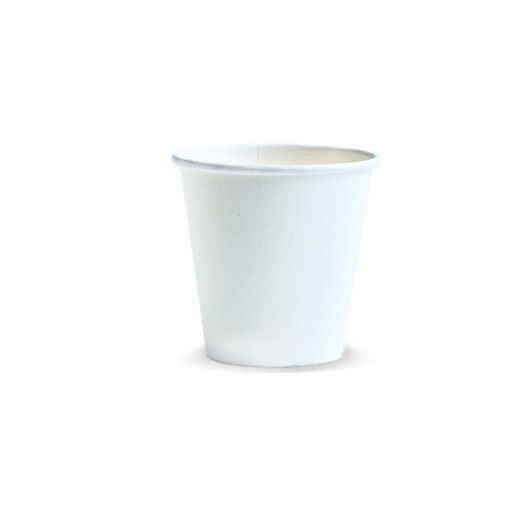 A white compostable paper coffee cup, 180ml in size, featuring a simple design and a smooth, unprinted surface.
