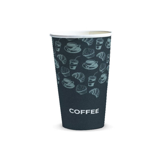A compostable paper cup in dark colours, featuring various coffee and pastry illustrations, with a logo on the side.