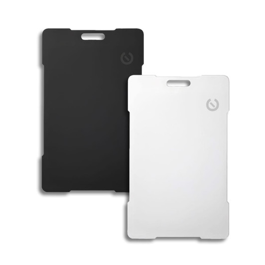 A pair of Bluetooth trackers in black and white, featuring a logo on each.