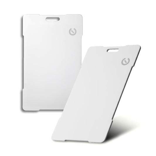 A white Bluetooth tracker with a slim design, featuring a logo in the corner.