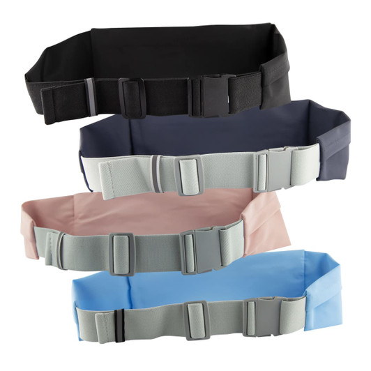 A collection of sports running belt bags in black, navy, light pink, light grey, and blue, featuring adjustable buckles.