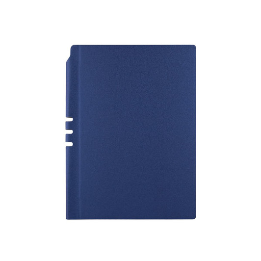 A navy blue Malaga Notebook featuring a smooth surface and a side notch, with a logo on the cover.
