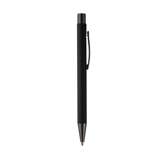 A black metal pen with a sleek design and a clip for attachment.