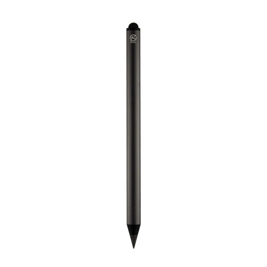 A black pencil with a sleek design and a logo at the top.