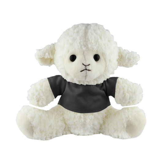 A sheep plush toy in white with a grey shirt, featuring embroidered facial details and soft, fluffy texture.
