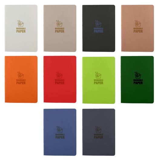A collection of washable paper notebooks in various colours, including white, beige, orange, red, green, and blue, featuring a logo.