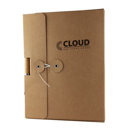 A cardboard notebook gift box in brown with an attached pen and a logo present on the front.