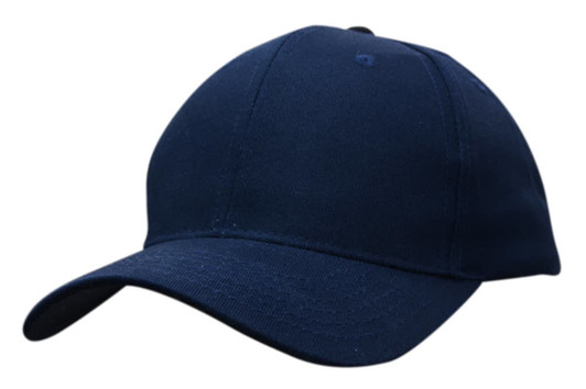 A navy cotton twill cap with a curved brim and a logo on the front.