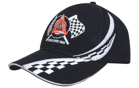 A black cap featuring checkered flag designs and a logo, with white accents along the brim.