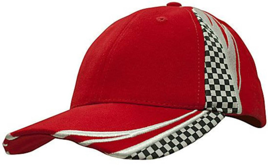 A red cap with embroidered and printed checkered patterns on the side. It features a structured design and a logo.