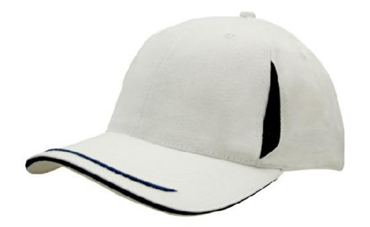 A white cap with a black peak trim, crown inserts, and sandwich details. It features a logo on the side.