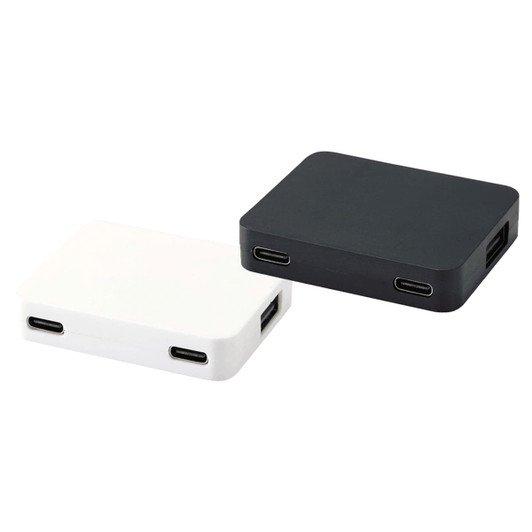 A black and white 4-port USB hub featuring USB-A and Type-C outputs with dual input options. It includes a logo.