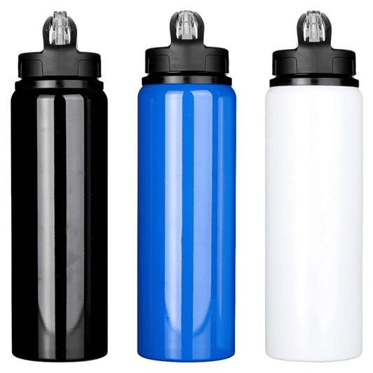 A drink bottle set featuring three colours: black, blue, and white, with a flip-top lid and logo.