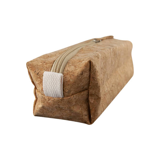 A cork pencil case with a cream zipper, featuring a textured natural cork exterior.