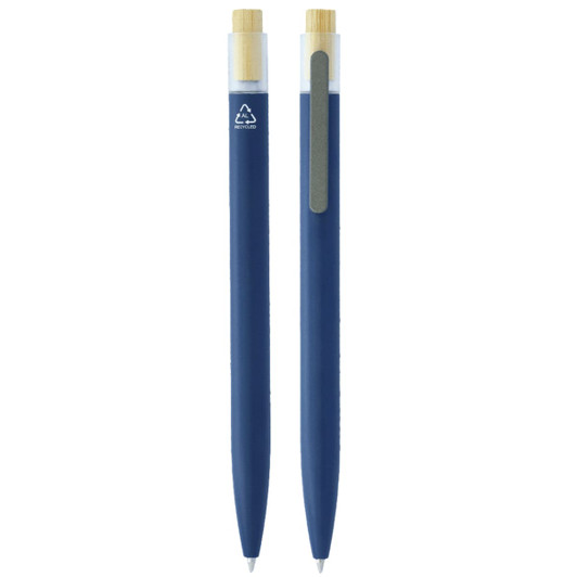 A set of two blue pens with bamboo accents, featuring a logo on one pen.