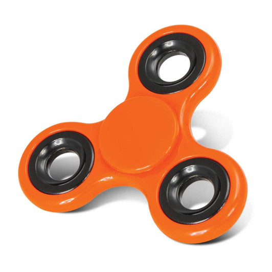 A fidget spinner in vibrant orange with black accents and three arms for spinning.
