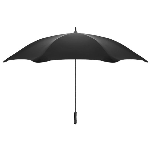 A black sport umbrella with a sturdy design and a handle, featuring a logo on the shaft.