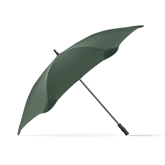 A green sport umbrella with a sleek design and a black handle, featuring a branding logo.