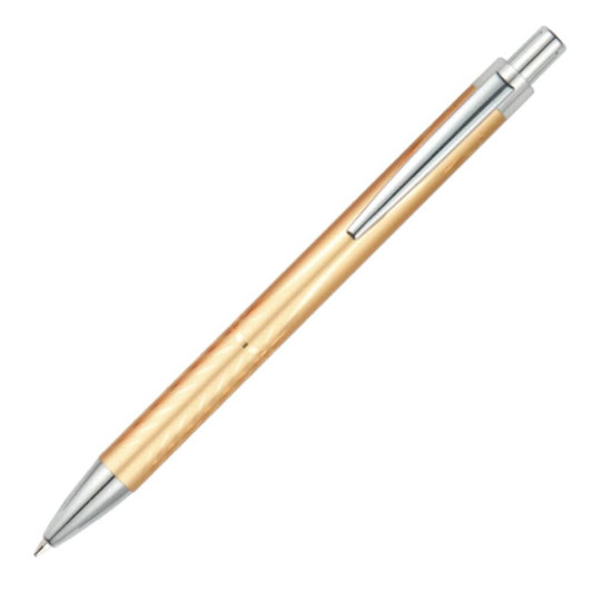 A wooden aluminium pen with a shiny silver clip and tip, featuring a smooth finish and a simple design.