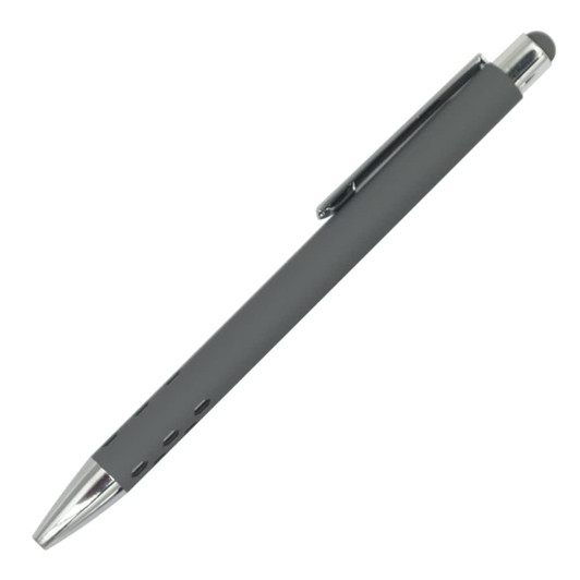 A grey Gatling aluminum pen with a chrome tip and clip, featuring a stylus end and a sleek design.