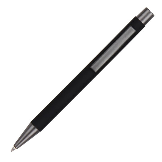 A black aluminium pen with a silver clip and tip, featuring a sleek design. The pen has a branding logo.