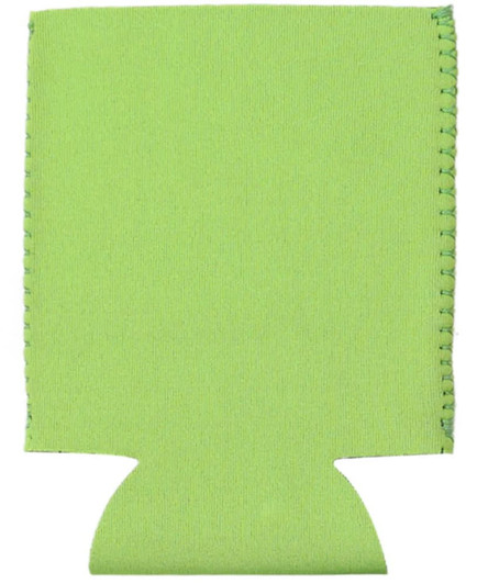 A green neoprene stubby holder with a stitched edge and a cut-out base, featuring a logo.