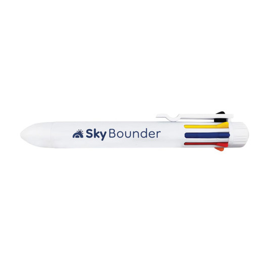 A white pen with a coloured grip and clip, featuring a logo on the side.