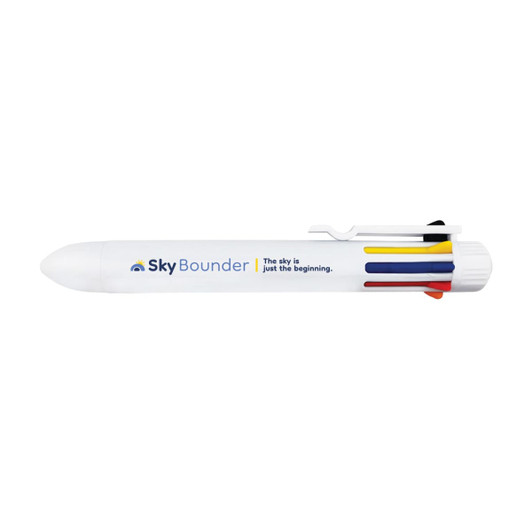 A white pen with a clip and colourful accents, featuring a logo on the side.
