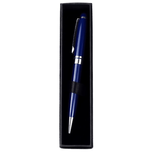 A blue pen placed inside a black single pen box, featuring a sleek design and a silver accent.