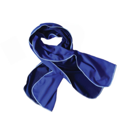 A blue cooling towel with a textured surface and contrasting trim, featuring a logo.