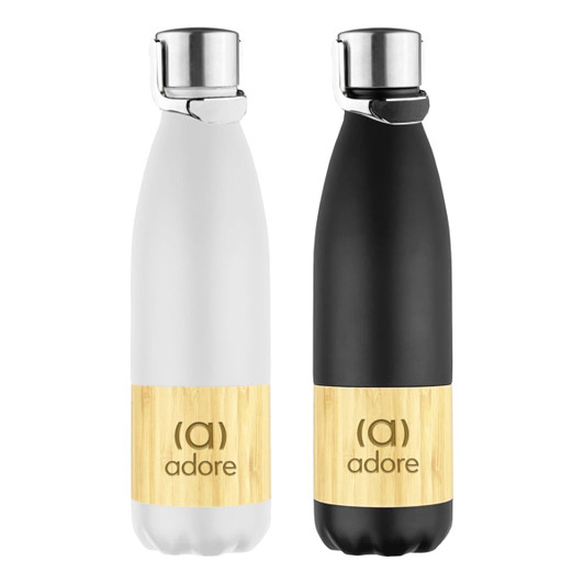 A drink bottle set featuring a white and a black vacuum drink bottle with a bamboo accent and a logo.