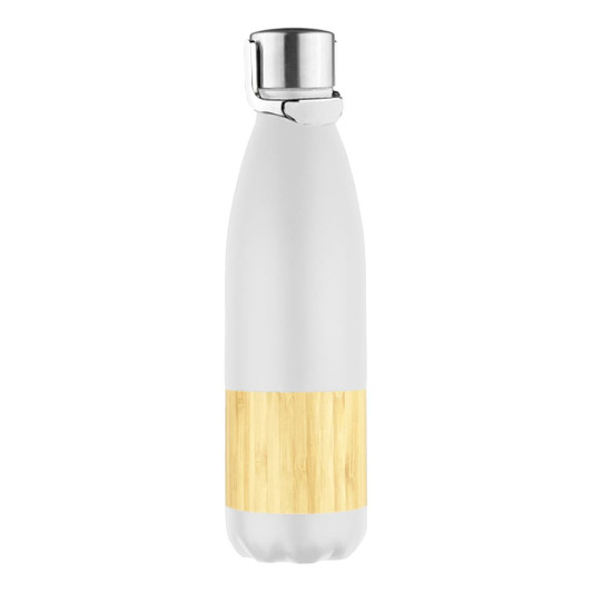 A drink bottle with a sleek frosted white body and a bamboo panel, featuring a silver lid and logo.