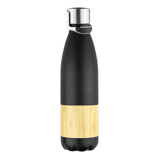A drink bottle featuring a sleek black design with a bamboo accent and a metal lid. It has a logo.