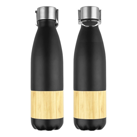 A drink bottle featuring a black upper section and a bamboo lower section, with a metal lid and a logo.