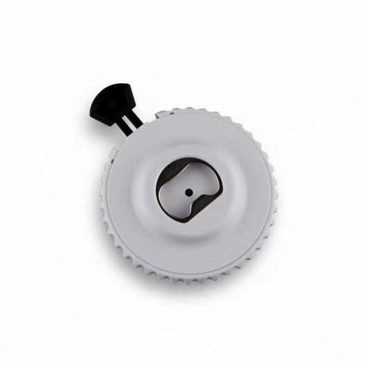 A drink bottle opener in white, featuring a circular design with a black lever and a small logo.