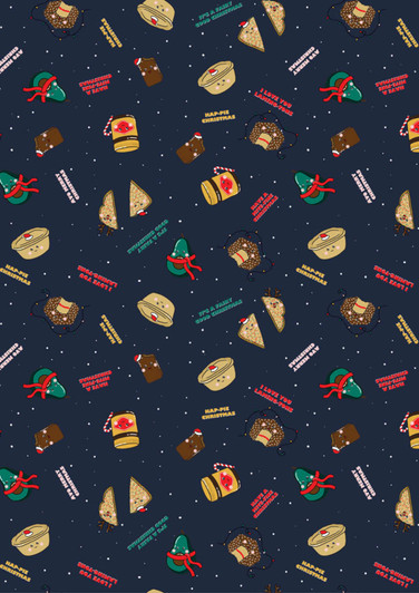 A unisex Christmas scrub top featuring a playful pattern of festive items in a navy blue background with various colours.