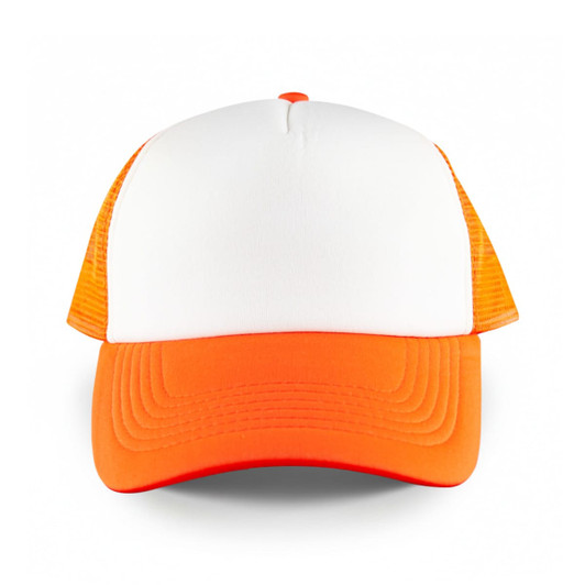 A five-panel trucker cap featuring a white front and orange mesh sides and brim, complete with a logo.