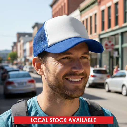 A white and blue 5-panel trucker cap featuring a mesh back and adjustable fit. It has a logo on the front.