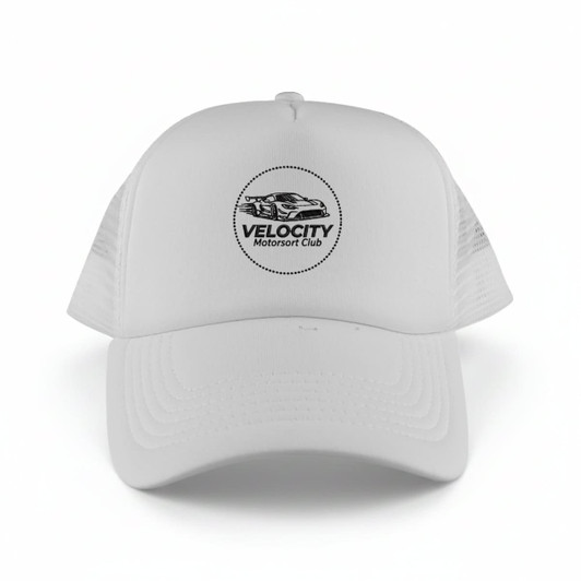 A white classic 5 panel trucker mesh cap featuring a logo on the front. The back is made of mesh fabric.